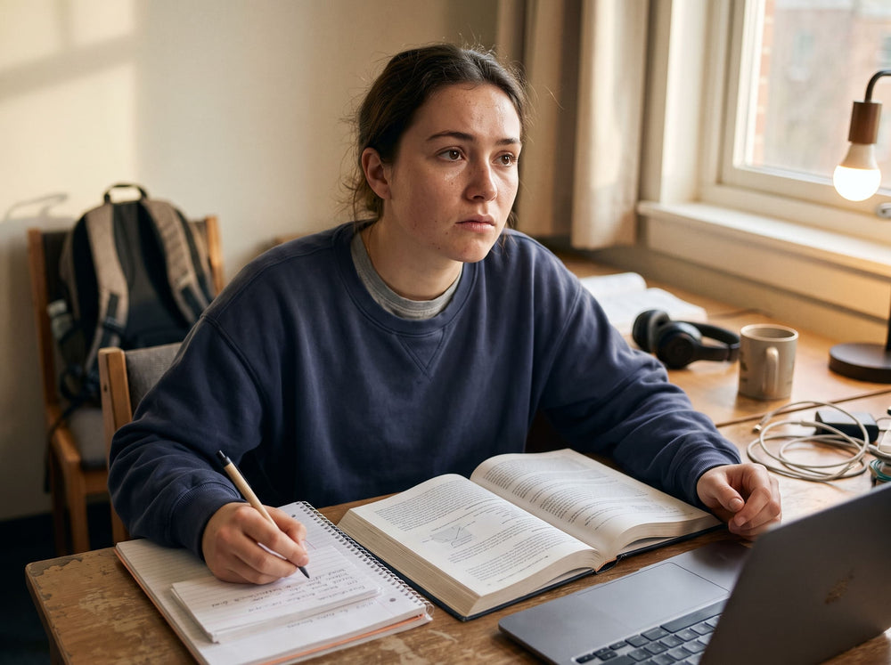 A stressed student late at night, head in hands, surrounded by closed textbooks and blank index cards.