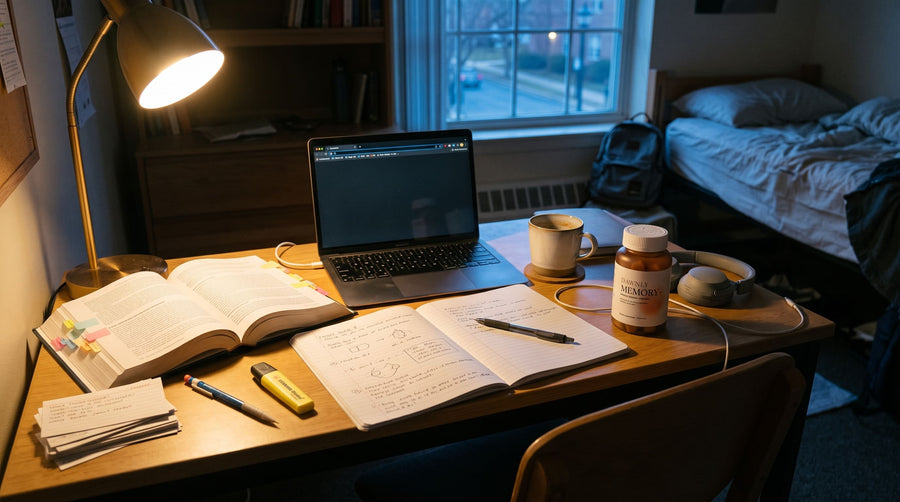 A warm, peach-toned study corner in soft morning light — an open notebook, a cup of tea, and Dawnly Memory+ within reach.