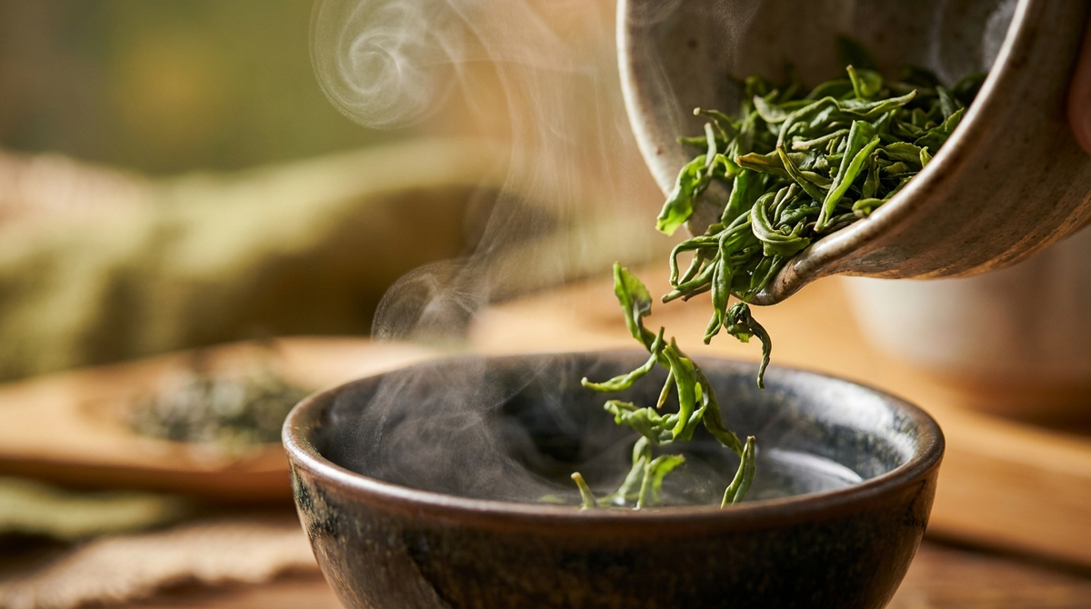 Fresh green tea leaves being poured with rising steam