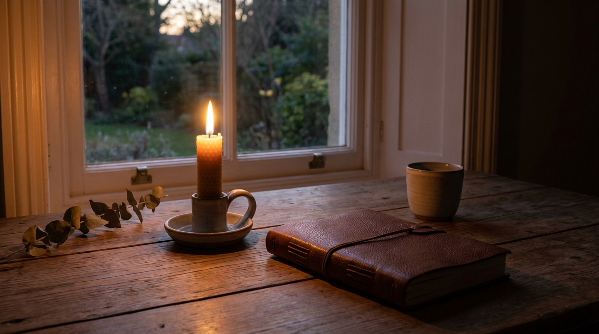 A single lit candle beside a closed journal on a minimalist desk at dusk Image