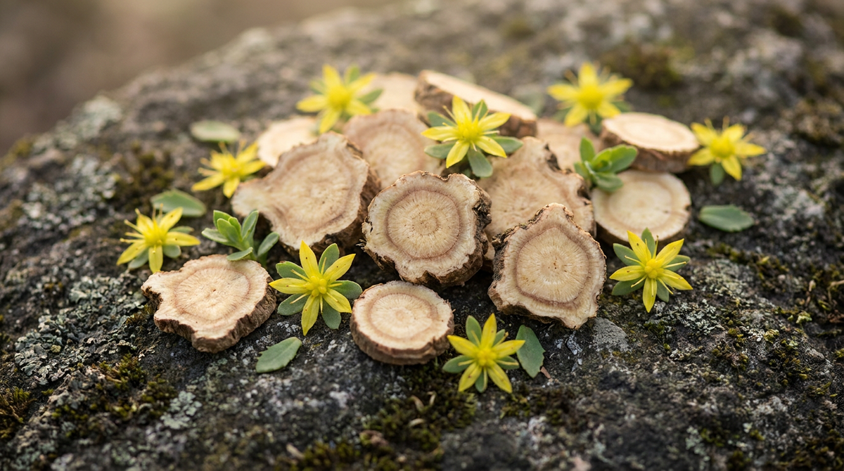 Macro photo of Rhodiola rosea root slices and small yellow flowers Image