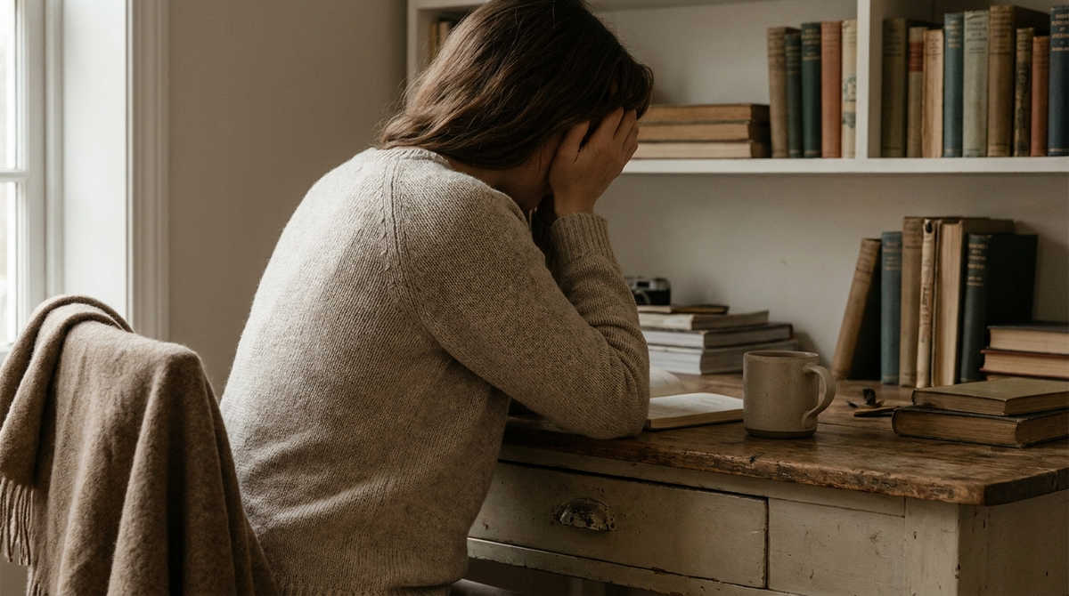A person resting their head gently in their hands at a desk, seen from the side