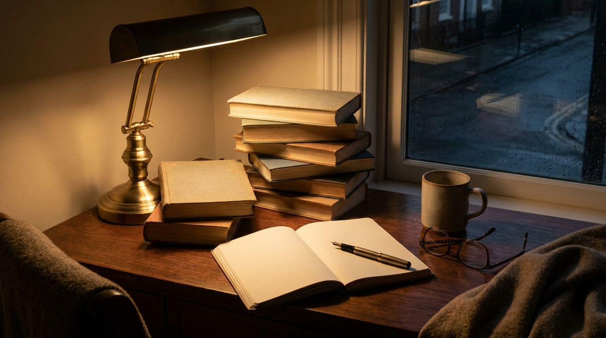 A stack of closed books and a notebook beside a warm reading lamp at night Image