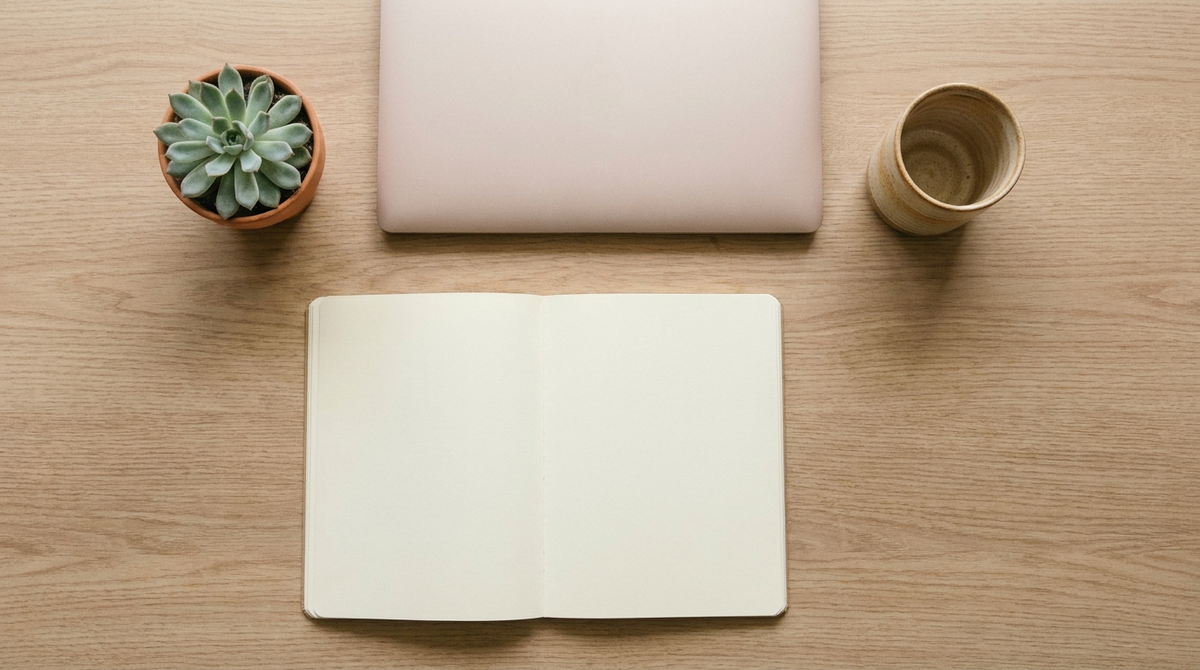 Overhead flat-lay of a minimalist desk with laptop, notebook, plant and cup Image