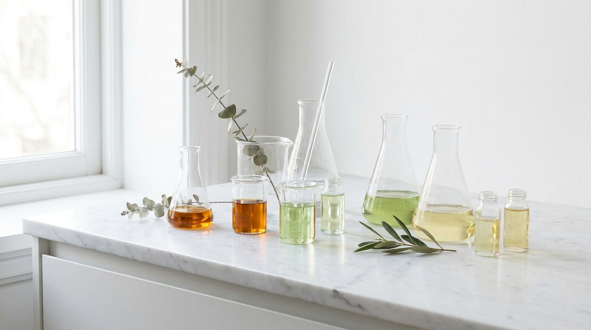 Clean still life of glass laboratory beakers with botanical extracts on marble