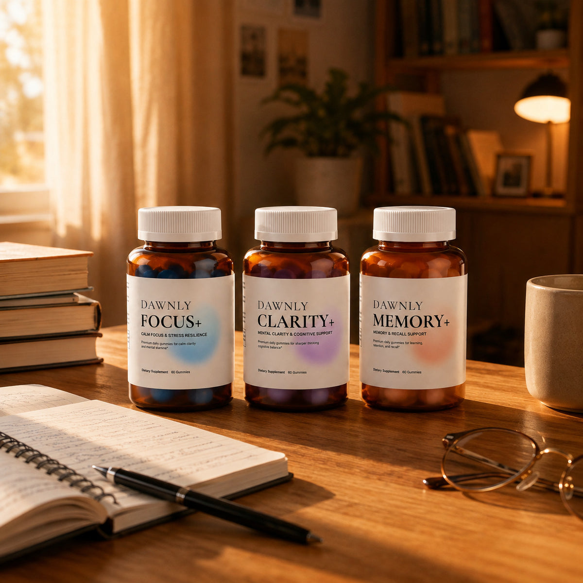 A calm desk scene at golden hour with Dawnly Focus+, Clarity+ and Memory+, tea, glasses, books and a checklist notepad.