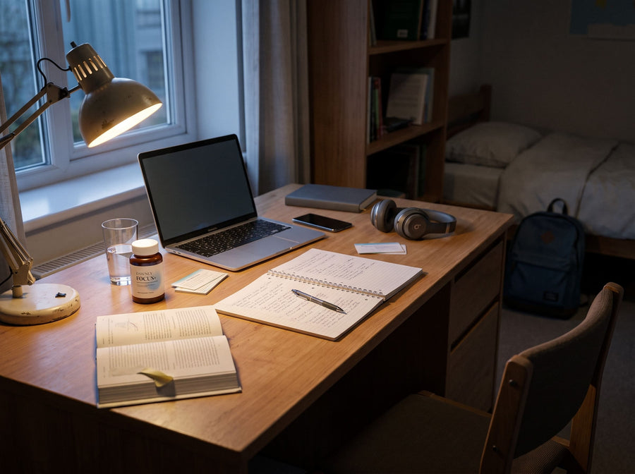A minimalist desk by a rain-streaked window at dusk, warm lamp light, notebook, headphones, and Dawnly Focus+.