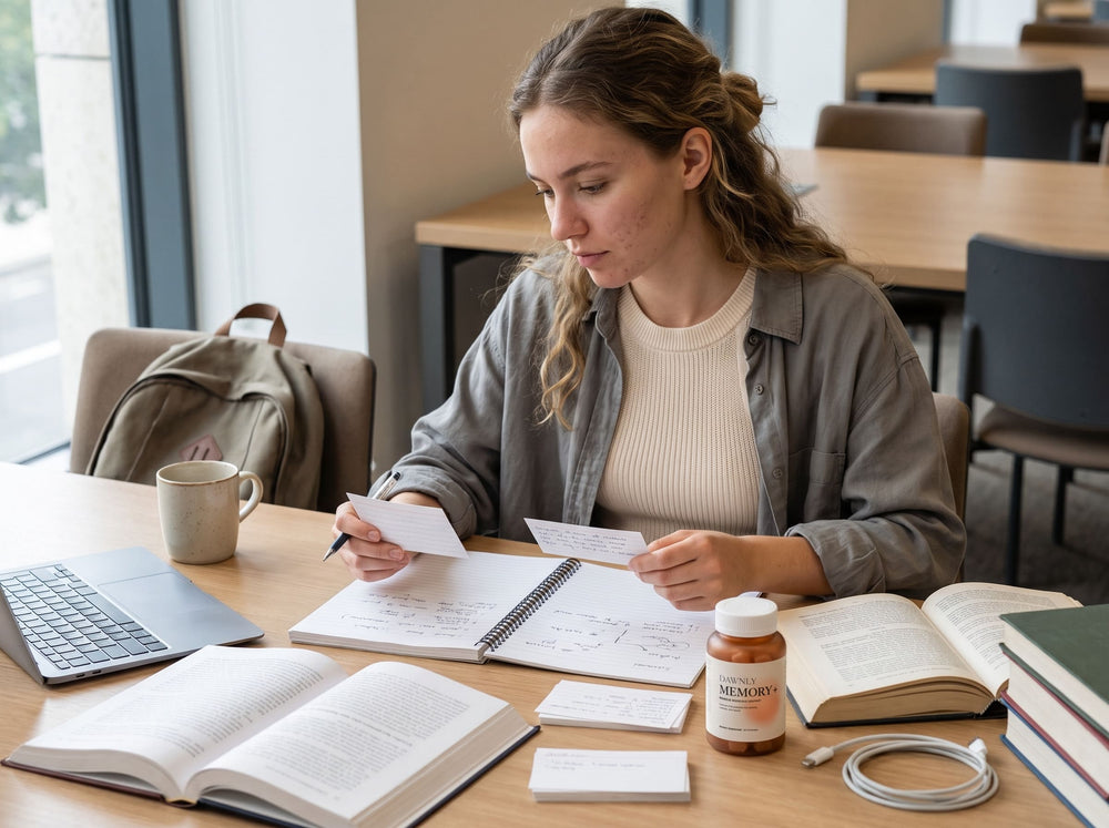 A calm study desk in soft daylight with an open notebook and Dawnly Memory+ within reach.