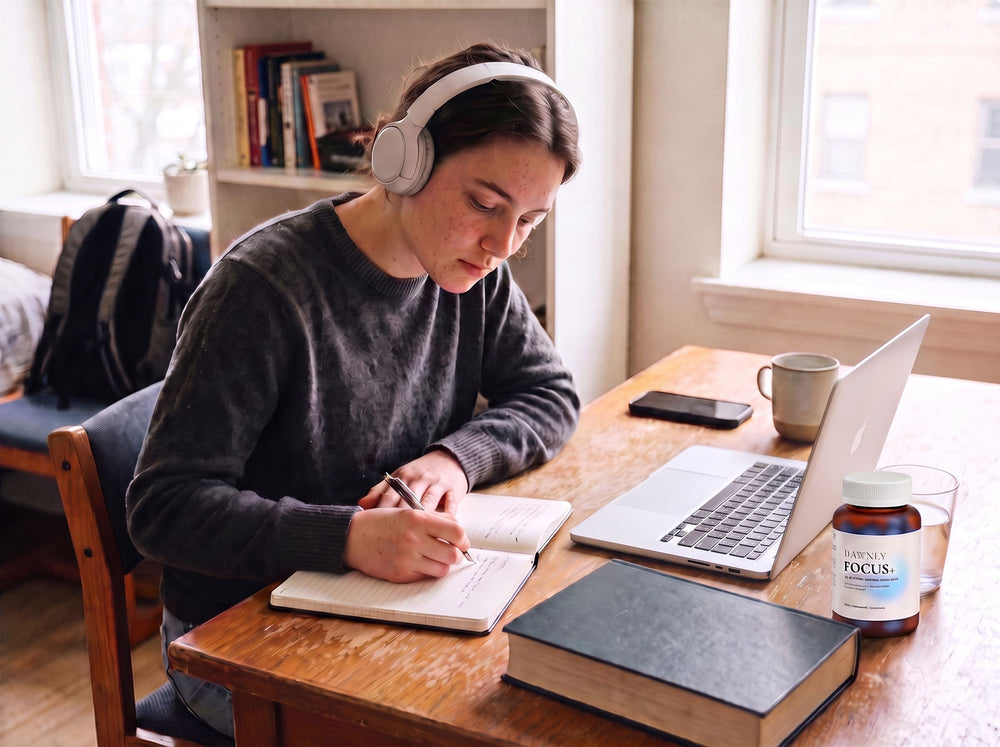 A calm, tidy desk at dawn with Dawnly Focus+, tea, and a notebook.