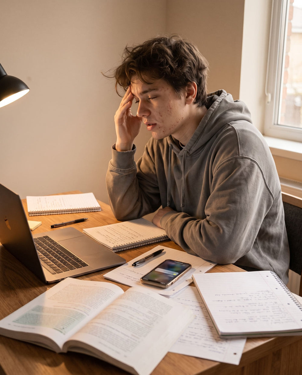 A student at a cluttered desk at night, overwhelmed by a laptop full of open tabs and a phone buzzing with notifications.