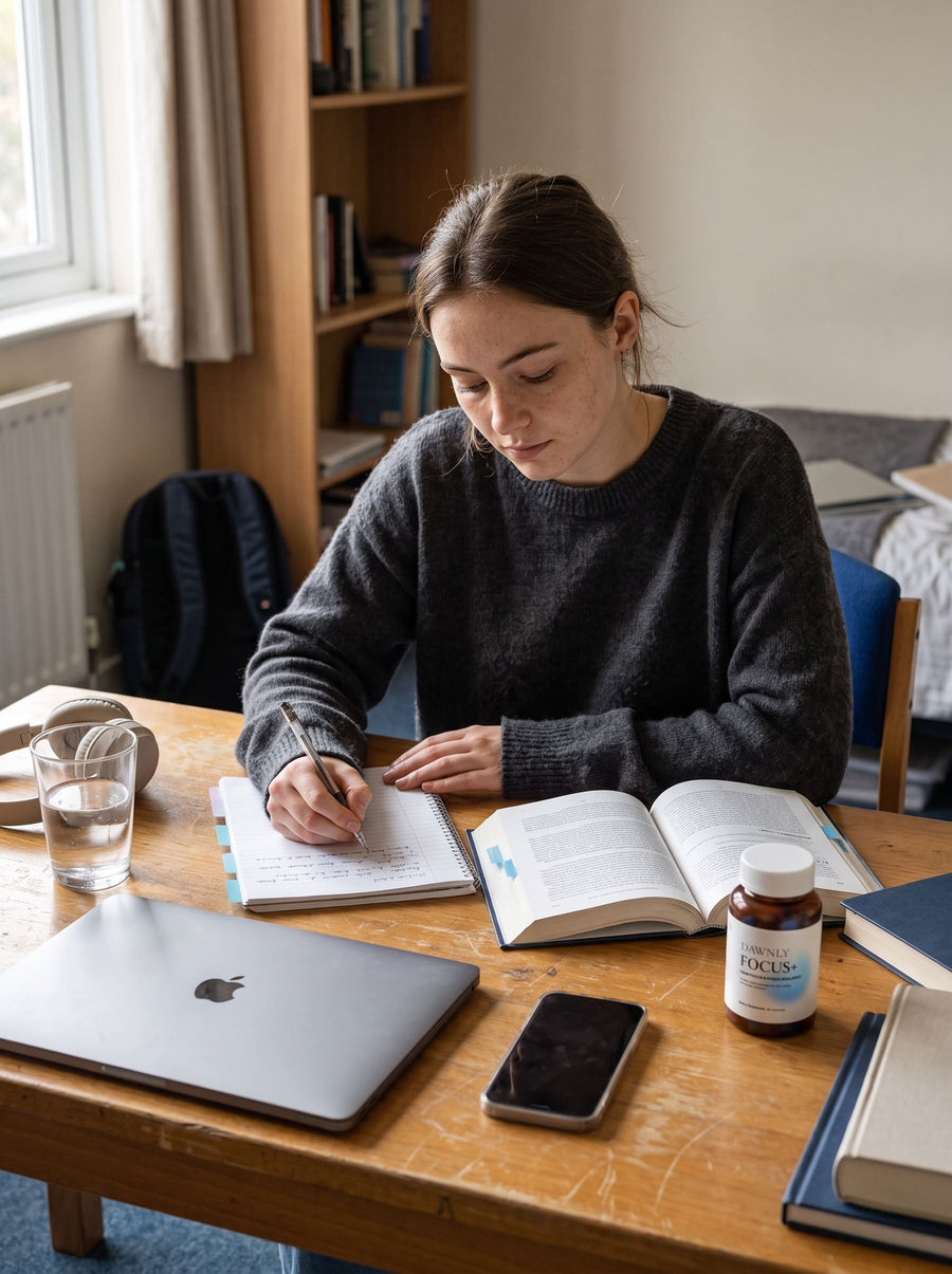 A young woman calmly and deeply focused while writing at a desk.